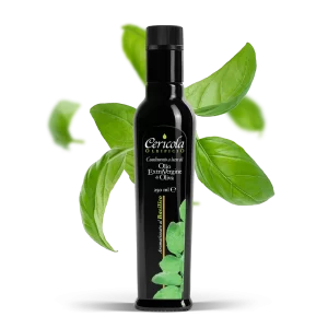 condimento a base di olio extra vergine di oliva aromatizzato al basilico oleificio cericola con sfondo