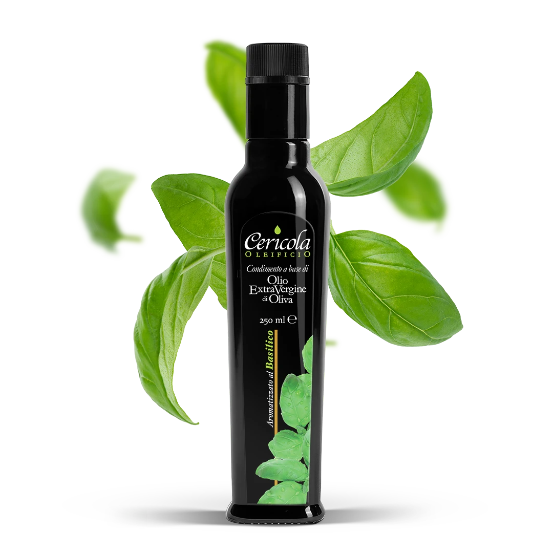 condimento a base di olio extra vergine di oliva aromatizzato al basilico oleificio cericola con sfondo
