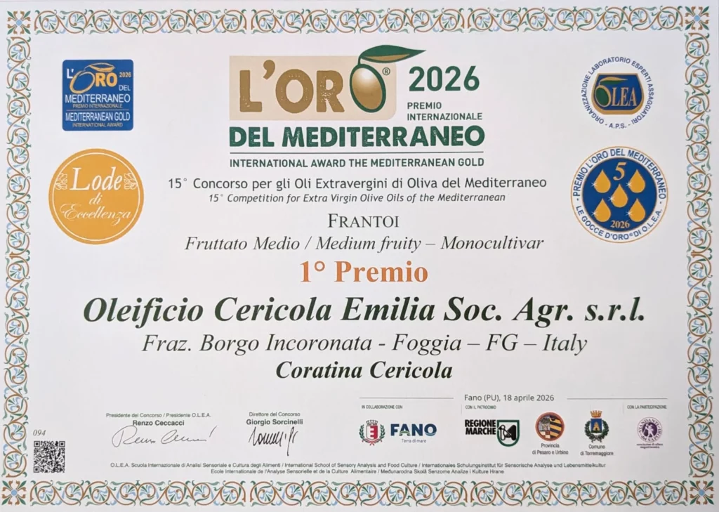 primo premio oro del mediterraneo 2026 per monovarietale coratina oleificio cericola