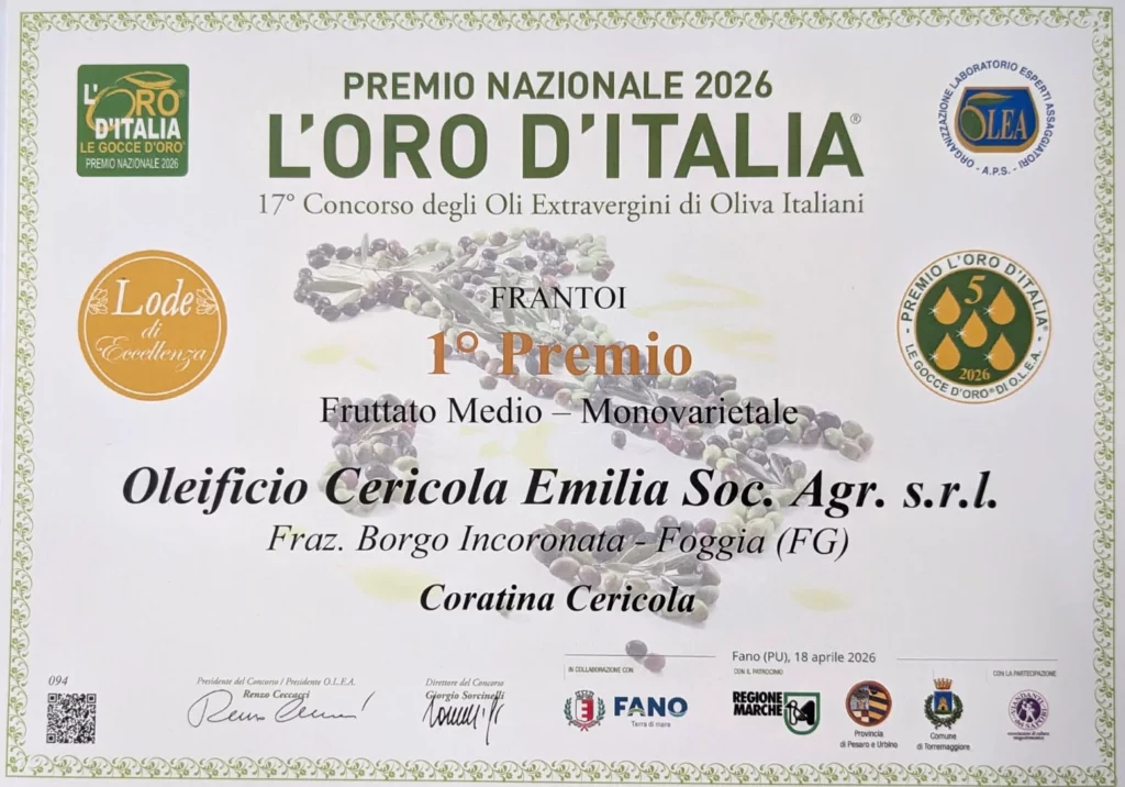 primo premio oro italia 2026 per monovarietale coratina oleificio cericola
