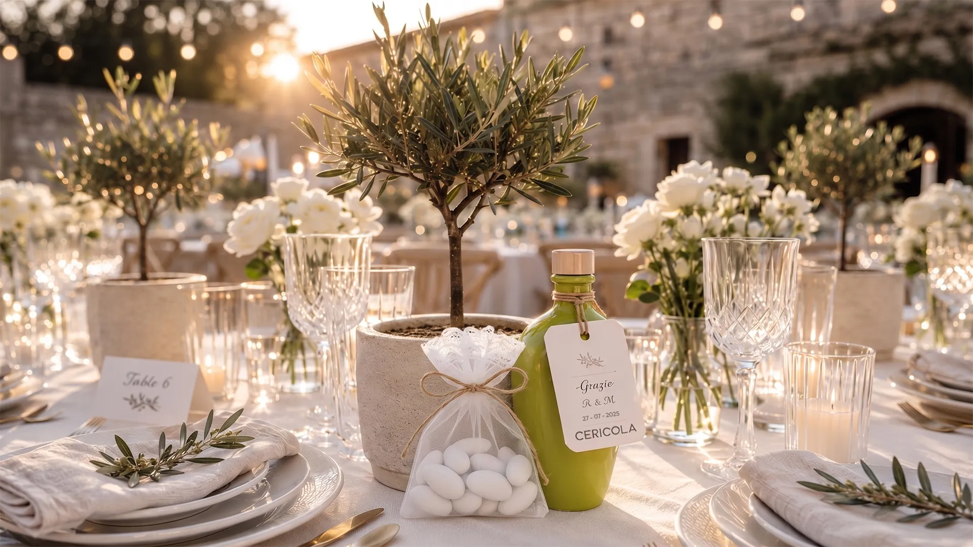 Bomboniera da matrimonio con bottiglietta Cericola personalizzata e sacchetto di confetti bianchi