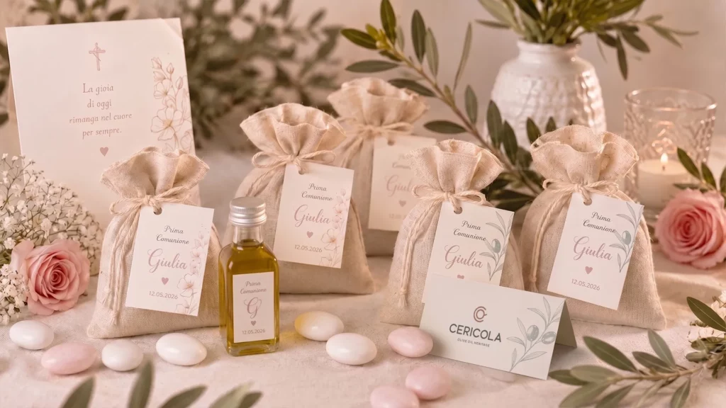 Bomboniere con olio per Prima Comunione con sacchetti in tessuto, confetti e cartigli personalizzati